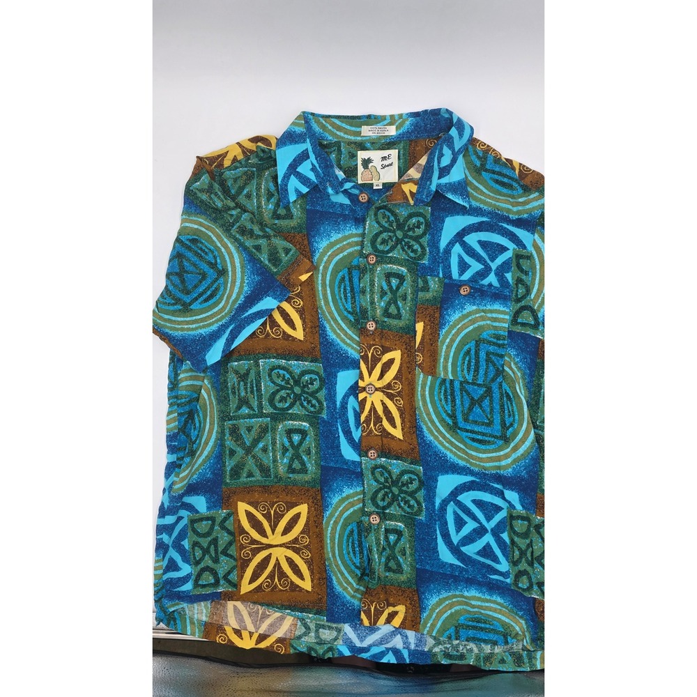 ME Sport Mens XL Short Sleeve Button Down Shirt Blue Abstract Geometric Rayon